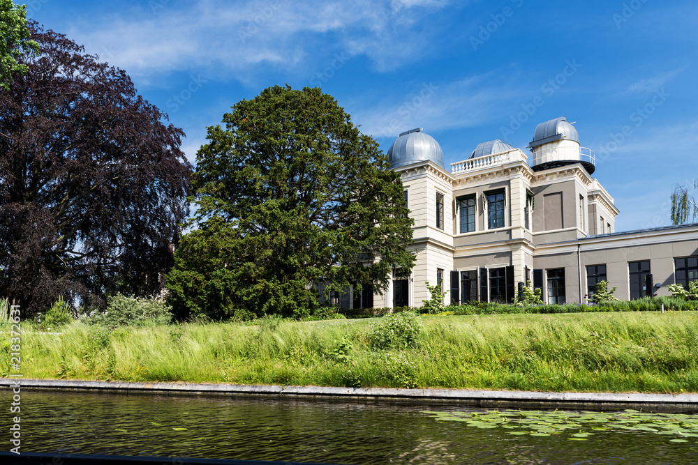 The observatory in the dutch town of Leiden viewed from the canal