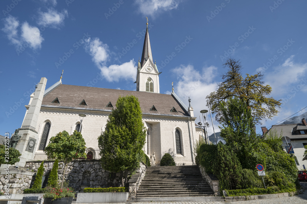 panoramic view of the Stadtpfarrkirche church in Hermagor, Carinthia, Austria