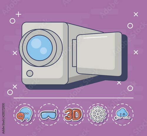 videocamera with innovation and technology related icons around over purple background, colorful design. vector illustration