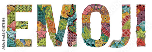 Word EMOJI unusually stylized. Vector decorative zentangle object
