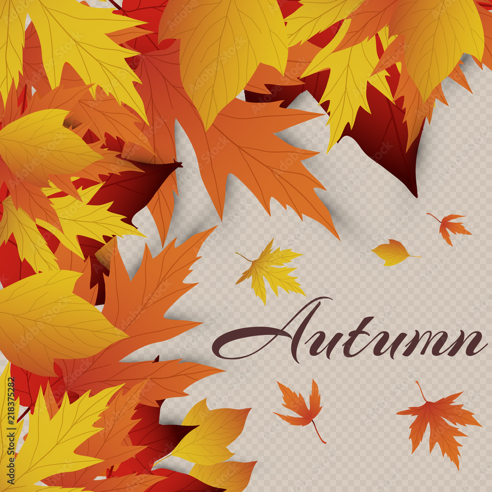 Vector background with red, orange, brown and yellow falling autumn leaves. Templates for posters, banners, flyers, presentations, reports. Autumn leaves. Hello, Autumn. Autumn design.