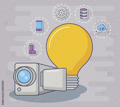 videocamera and light bulb with innovation and technology related icons around over gray background, colorful design. vector illustration