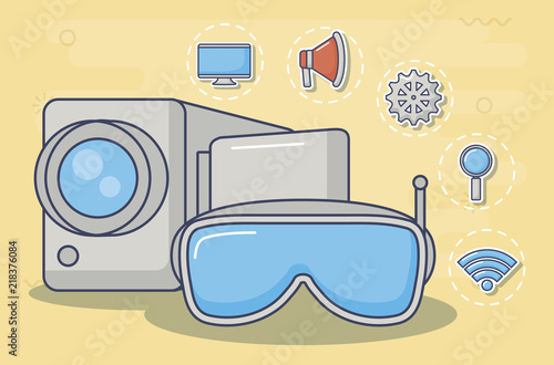 videocamera with innovation and technology related icons around over yellow  background, colorful design. vector illustration