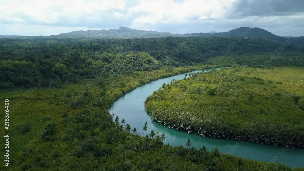 Drone shot of the Loboc River in Bohol, Philippines. Drone shot of the Loboc River in Bohol, Philippines.