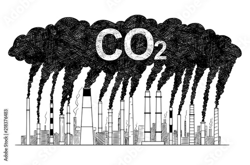 Vector artistic pen and ink drawing illustration of smoke coming from industry or factory smokestacks or chimneys into air. Environmental concept of carbon dioxide or CO2 air pollution.