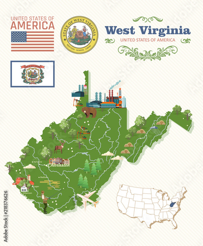 West Virginia travel colorful postcard. USA poster
