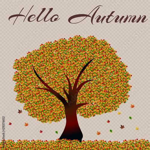 Autumn tree, hi autumn, fall leaves. Vector illustration for your concept. Vector background with red, orange, brown and yellow falling autumn leaves.