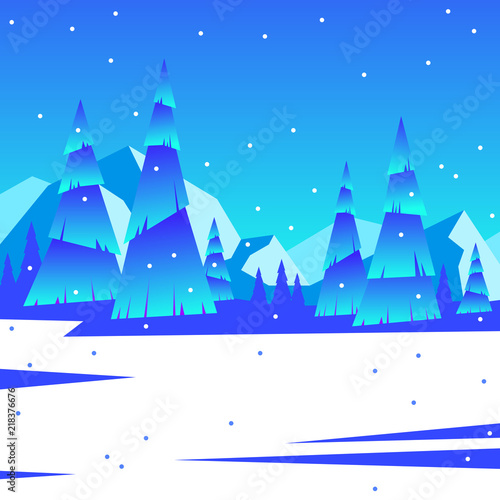 Winter landscape with mountines, forest. Winter background. Snow. Blue mountains winter snowy landscape. Pines on foreground. Winter Mountains landscape with pines and hills