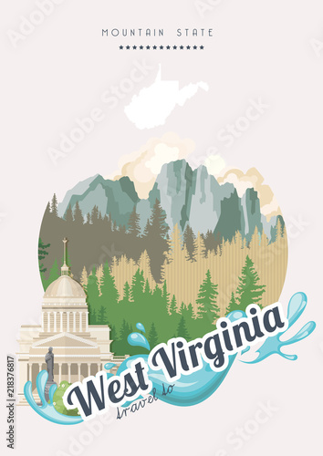 West Virginia travel colorful postcard. USA poster
