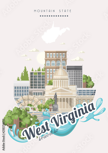 West Virginia travel colorful postcard. USA poster
