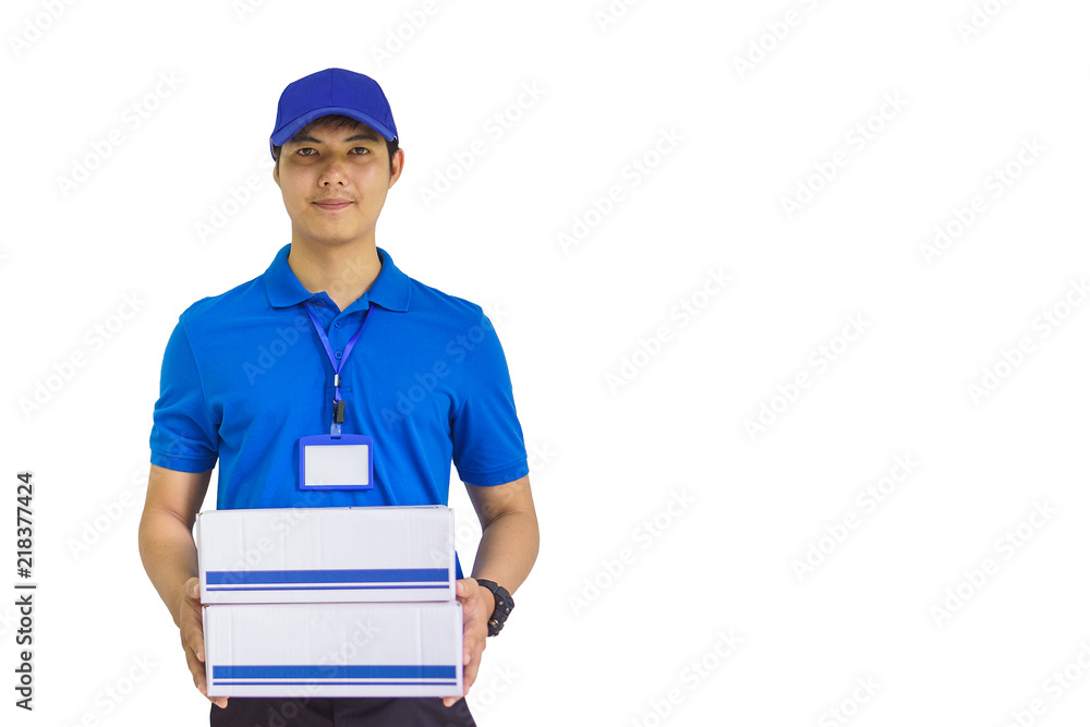 Handsome young delivery man portrait isolated on white. Handsome young delivery man portrait isolated on white.