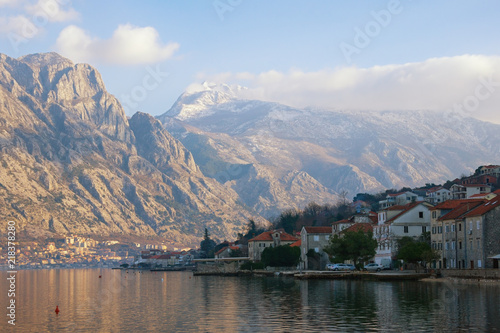 Beautiful winter Meditarranean landscape . Montenegro, view of Bay of Kotor, Lovcen mountain and Prcanj town