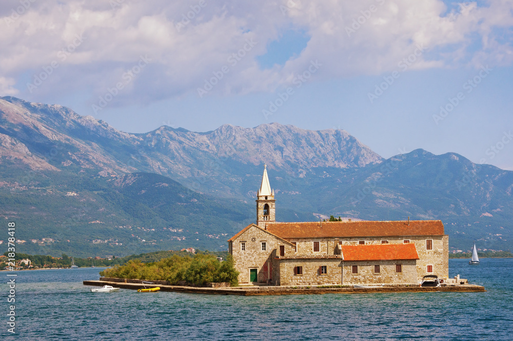 Summer Mediterranean landscape. Montenegro,  Bay of Kotor, Adriatic sea. View of Island of Our Lady of Mercy ( Gospa od Milosrda  )