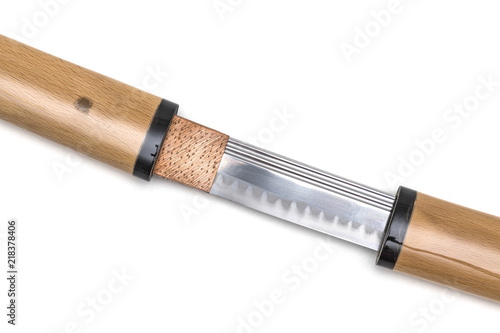 Japanese sword with copper textured habaki (collar) is drawing isolated in white background. photo