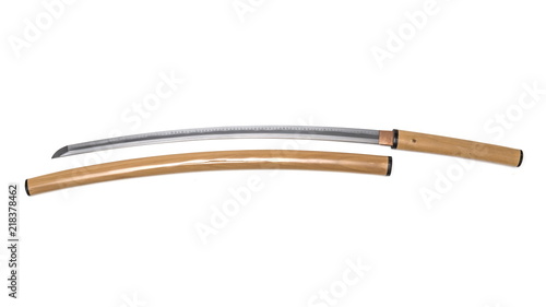 Japanese sword with shiny scabbard on white background . This kind of Japanese sword is called 'Shirasaya' photo
