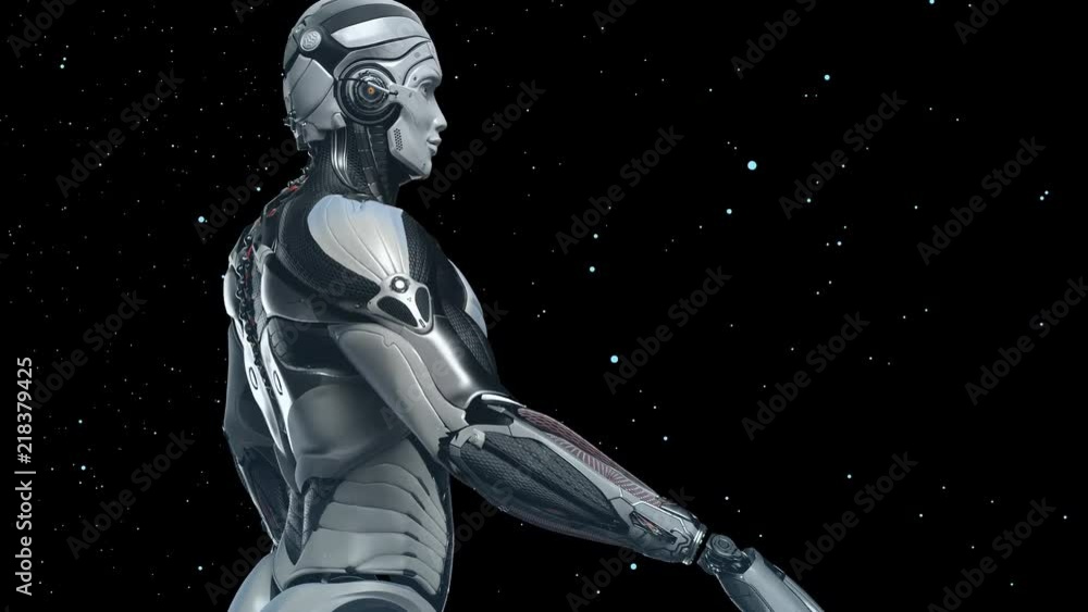 Technology in future, highly detailed robot in virtual space, digital ...