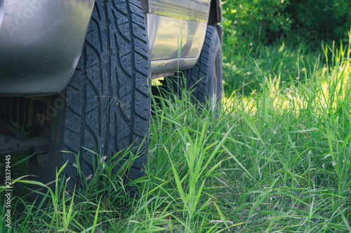 Wheels a car SUV in the forest grass