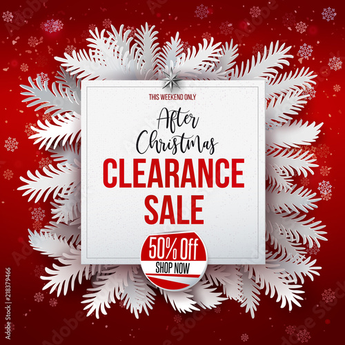 After Christmas Clearance Sale banner. Paper art craft cut out fir tree branches around white banner on red background with snowflakes. Vector illustration. Fffty percent off typography sticker