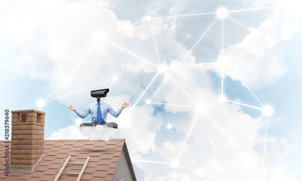 Concept of security and privacy protection with camera headed man meditating Concept of security and privacy protection with camera headed man meditating