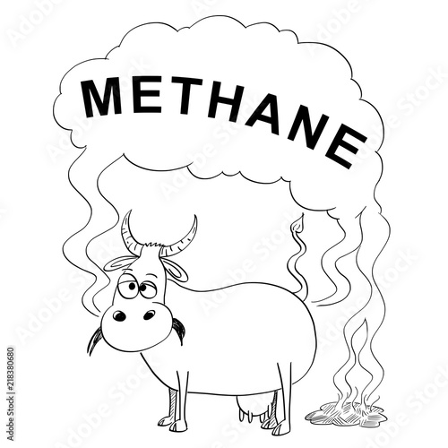 Vector artistic pen and ink black and white drawing illustration of cow producing methane or CH4. Environmental concept of air pollution and greenhouse gasses production.