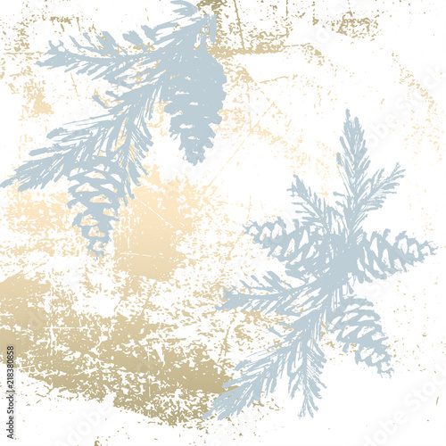 Trendy Chic Pastel colored background with Gold Foil shapes and painted christmas tree silhouettes. Abstract unusual textures for wallpaper, greeting cards, headers, decoration elements. Vector