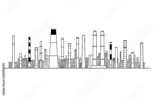 Vector artistic pen and ink drawing illustration of industrial or factory smokestacks or chimneys.