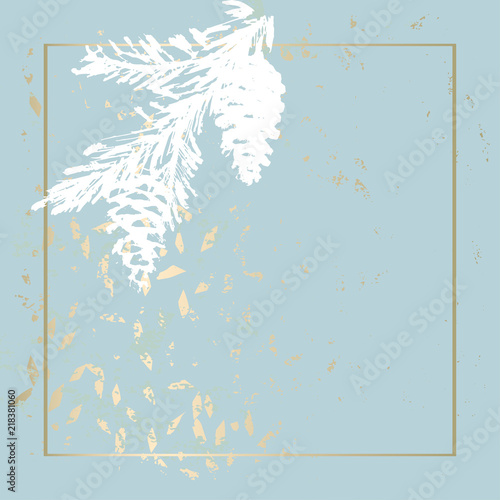 Trendy Chic Pastel colored background with Gold Foil shapes and painted christmas tree silhouettes. Abstract unusual textures for wallpaper, greeting cards, headers, decoration elements. Vector
