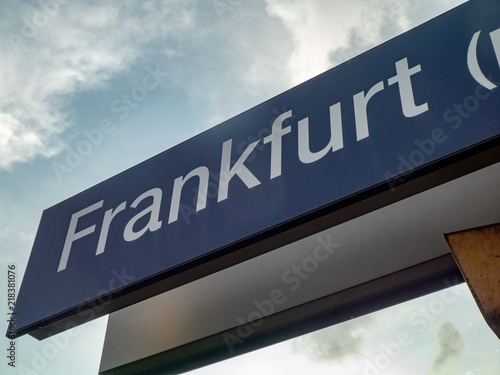 Frankfurt (Main) Süd railway station sign. Frankfurt South station or Südbahnhof is one of three railway stations for long-distance train services