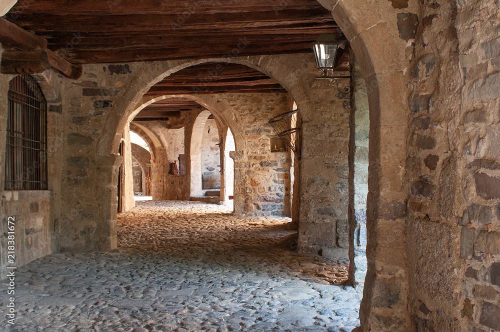 Porticos along Via Mercatorum, Cornello dei Tasso, ancient medieval village, Camerata Cornello, Lombardy, Italy