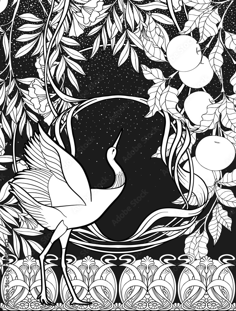 Poster, background with decorative flowers and bird in art nouveau style. Black-and-white graphics.
Poster, background with decorative flowers and bird in art nouveau style. Black-and-white graphics.