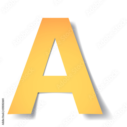 yellow-gold letter A carved from paper with soft shadow.Vector origami