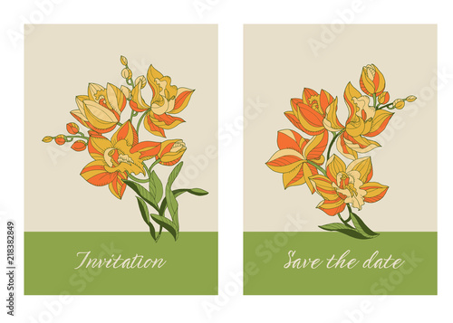 Hand drawn outline  yellow orchid flowers