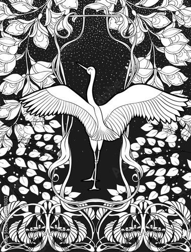 Poster, background with decorative flowers and bird in art nouveau style. Black-and-white graphics.
 photo