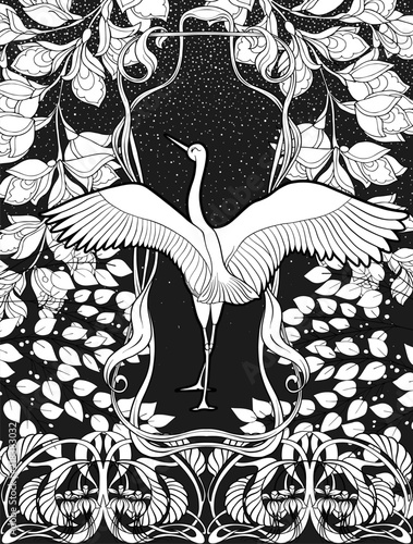 Poster, background with decorative flowers and bird in art nouveau style. Black-and-white graphics.
