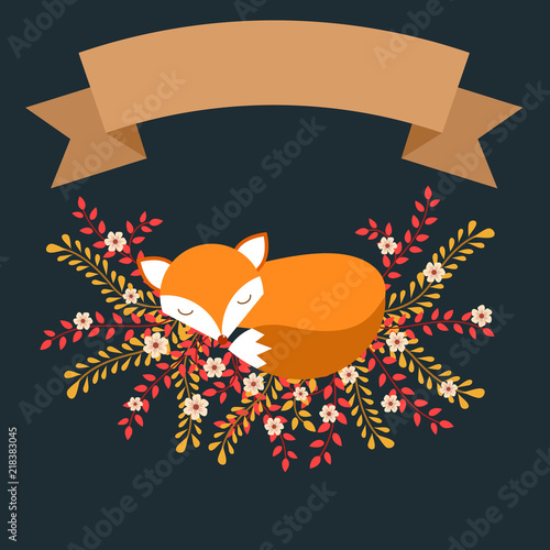 Sleeping fox in autumn leaves and flowers