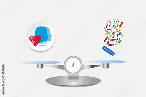 Kitchen scales measure priorities in deciding on a healthier lifestyle. On one side is the circular logo of a healthy lifestyle and the falling pills are on the other side