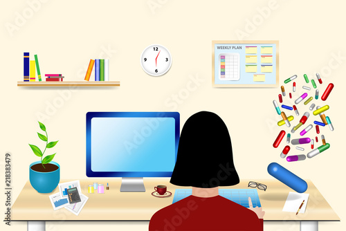 Overworked woman is sitting in her office in overtime. The colorful pills are falling on her office table.