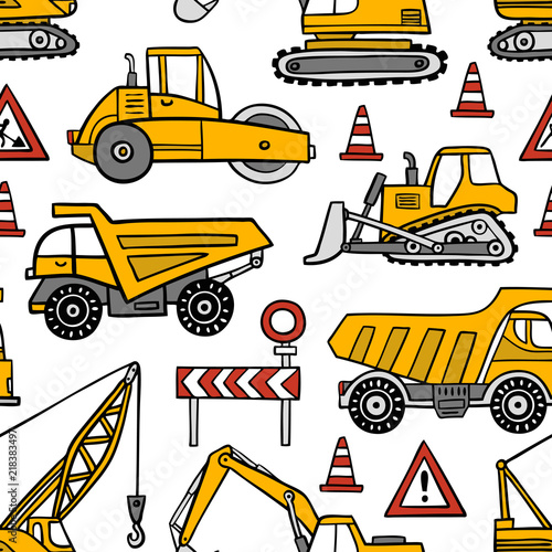 Hand drawn construction cars seamless vector pattern on white background. 