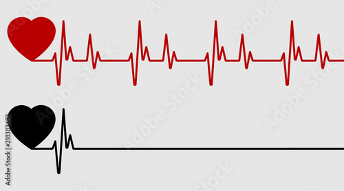 Red and black heart with palpitation. Red heartbeat, line of life and black heartbeat, line of death