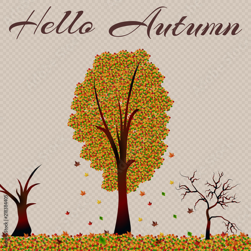 Autumn tree, hi autumn, fall leaves. Vector illustration for your concept. Vector background with red, orange, brown and yellow falling autumn leaves.