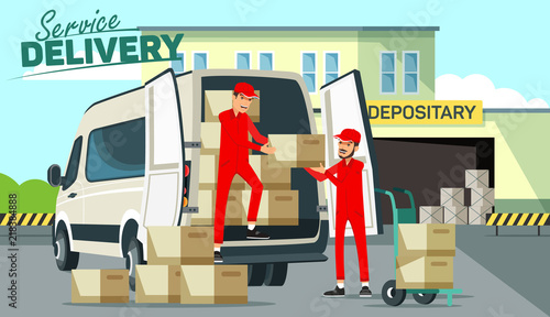 Delivery men unloading moving boxes from car. Vector illustration