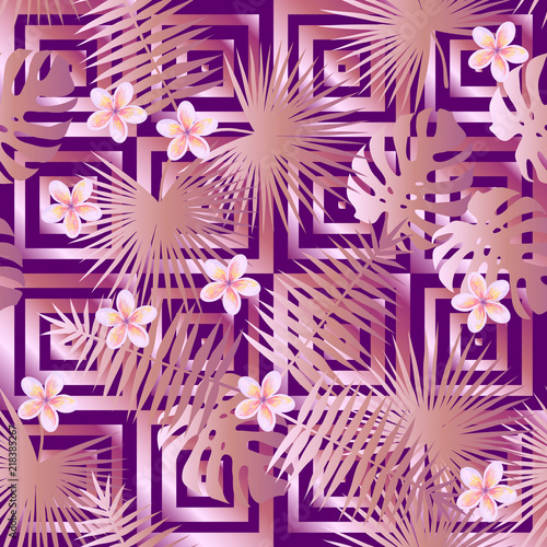 Seamless retro luxury pattern with palm leaves and tropical exotic plumeria rubra frangipani flower vector background for wallpaper, pattern fill, web page background, surface texture, textile