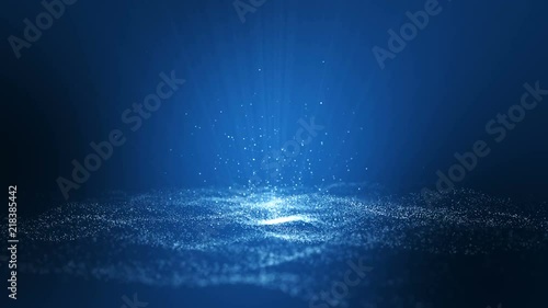 blue background, digital signature with wave particles, sparkle, veil and space with depth of field. The particles are white light lines.