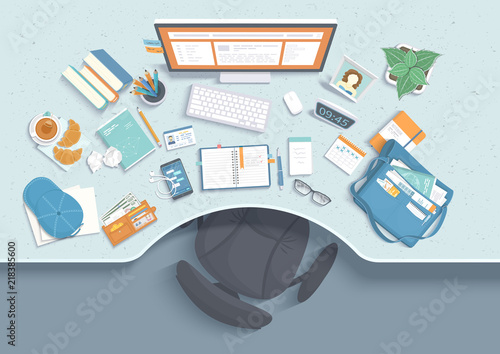 Top view of modern and stylish workplace. Table with recess, chair, monitor, books, notebook, headphones, phone, glasses, calendar, paper, tea, croissants, bag, cap. Vector illustration Top view