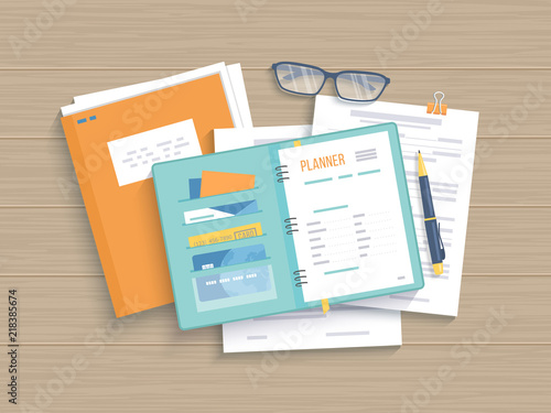 Business wooden table with open notebook, planner, documents, forms, papers folder, glasses, pen. Work, workplace, analysis, research, planning, management. Vector illustration, top view