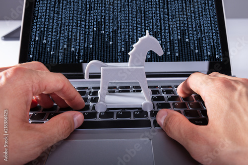 Cuadro en lienzo Person With Trojan Horse Icon On Laptop Affected By Virus