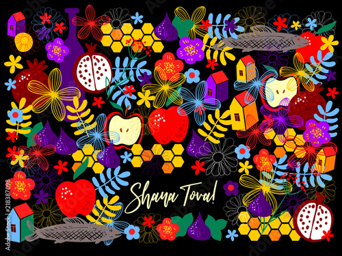 Greeting card wiyh symbols of Rosh Hashanah (pomegranate and apple, fish, wine, flower, honey). Jewish new year celebration design. Happy Shana Tova. Happy New Year in Israel