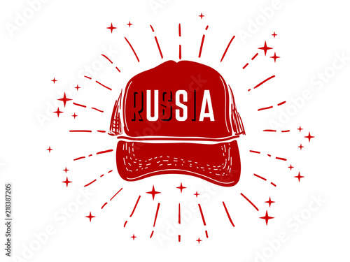 Red baseball cap on white. USA. Russia. Emblem. Monochrome graphic style. Badge. Vector illustration