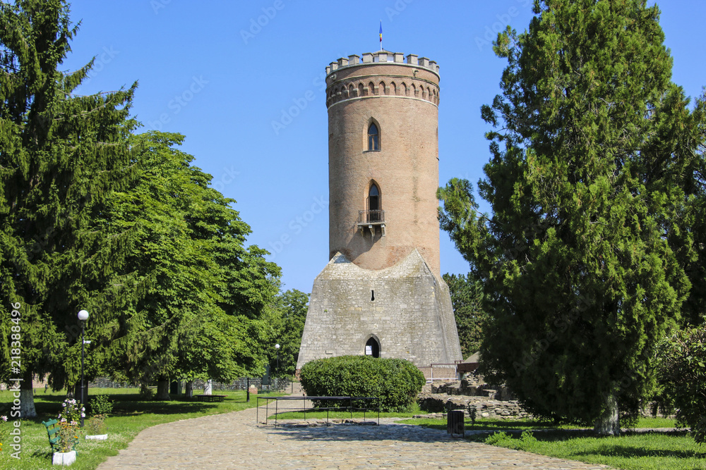 View of The Chindia Tower (Sunset Tower) between trees of Princely Court, in Targoviste, Romania.