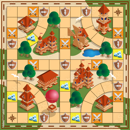 Board game of the medieval theme. Vector design for app game user interface.